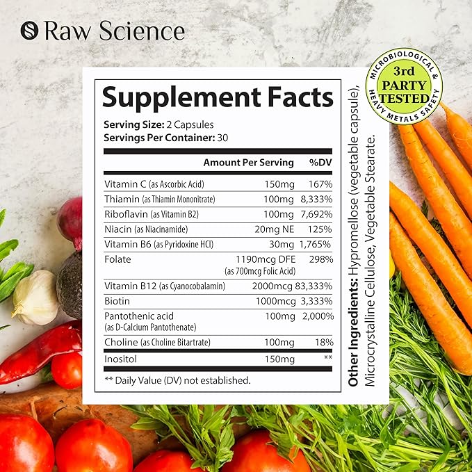 Vitamin B-Complex Capsules B1 B2 B2 B3 B3 B5 B5 B6 B6 B7 B7 B9 B9 B12, B12, Biotin, 60 Capsules