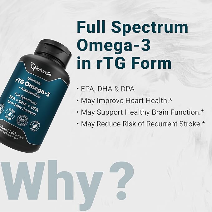 Naturalis Ultimate rTG Omega 3 Fish Oil 1800mg from Wild New Zealand Tuna - Full Spectrum Omega3s EPA, DHA & DPA - Sustainably Sourced, Non-GMO, Gluten Free - 180 Softgels