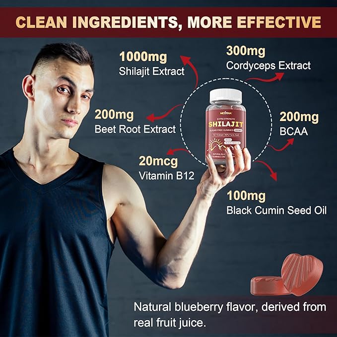 10,000mg Shilajit Gummies for Men & Women - Shilajit Pure Himalayan with Organic Beet Root, BCAA, Cordyceps Mushroom - 60% Fulvic Acid & 85+Trace Minerals Support Energy, Muscle, Immune & Brain, 1Pack