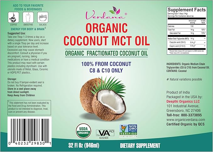 Verdana USDA Certified Organic Coconut MCT Oil –Fractionated Coconut Oil – No Palm Kernel Used – Kosher, Food Grade, Non-GMO – Great for Keto and Paleo Diets, Oil Pulling Rinse Mouthwash – 1Gallon