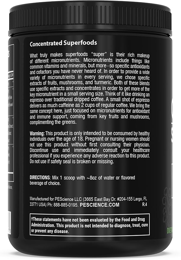 PEScience Greens & Superfoods Powder, Chocolate, 30 Servings, Natural Chlorophyll with Turkey Tail Mushroom & Fruit Extracts Blend