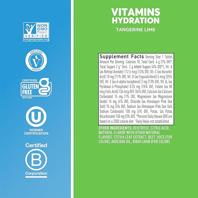Nuun Hydration Vitamins Electrolyte Tablets, Tangerine Lime, 5 Essential Electrolytes for Hydration + Vitamin A, B6, C, D, E, with Magnesium, Vegan, Non-GMO, 8 Pack (96 Servings)