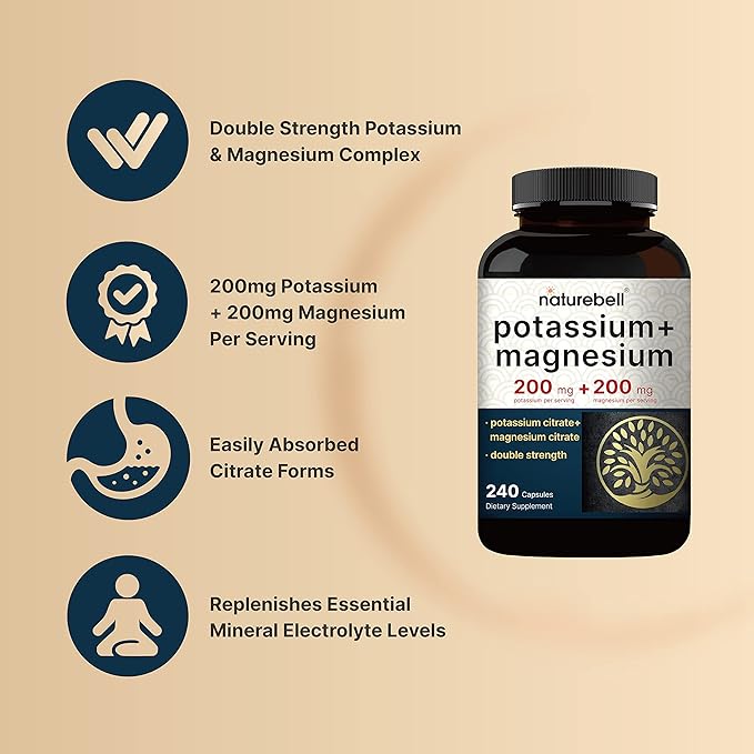 Potassium Magnesium Supplement – Potassium 200 mg + Magnesium 200 mg | 240 Capsules – Easily Absorbed Citrate Forms – Muscle, Bone, & Heart Health Support – Non-GMO