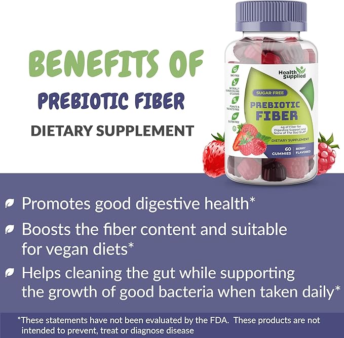 Mixed Berry Flavored Prebiotic Fiber Gummies - Supports Digestive System Through Gut Cleansing and Constipation Relief - Assists with Weight Loss Plan - Great Tasting and Easy to Swallow