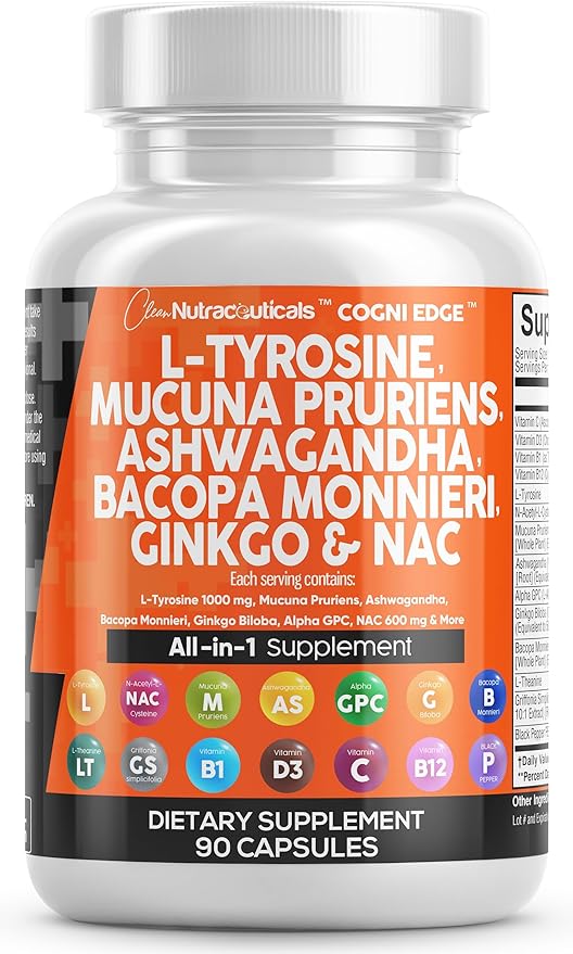Clean Nutraceuticals L Tyrosine 1000mg Mucuna 6000mg Bacopa 500mg Ashwagandha 4000mg Focus 600mg NAC 5-HTP Ginkgo B1 B12 B12