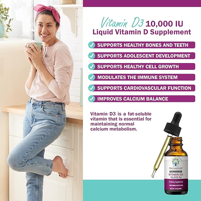Vitamin D Liquid Drops for Adults: Vegan D3 10000 IU for Immune Support & Bone Strength Supplements, Non-GMO & Gluten Free Liquid Vitamin D for Women & Men, 30ml, 30 Servings
