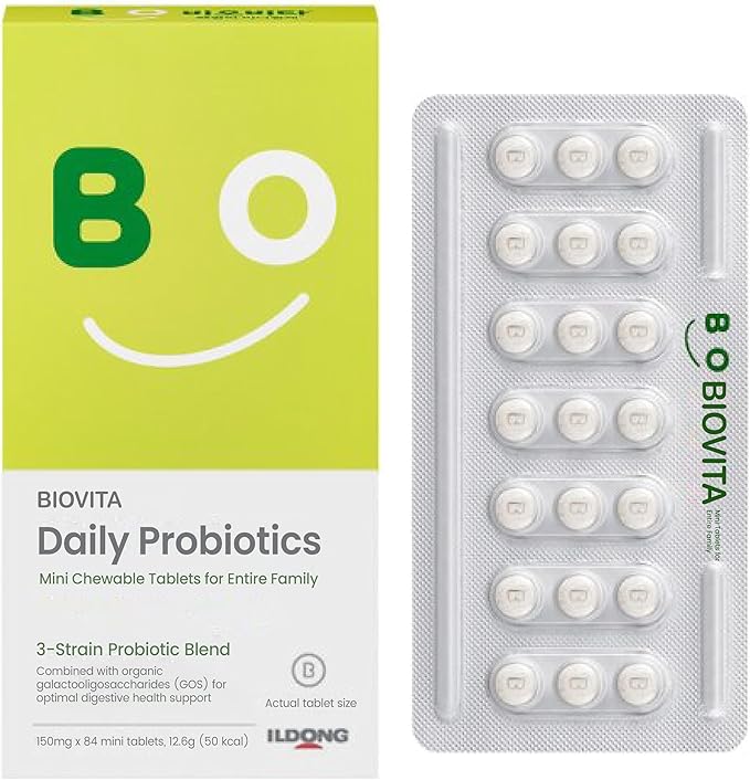Family Probiotics Mini Tablets (84 Tablets, 28 Days) - Chewable Synbiotic Supplement for Smooth Bowel Movement. Improve Gut/Digestive Health. Organic Prebiotics.