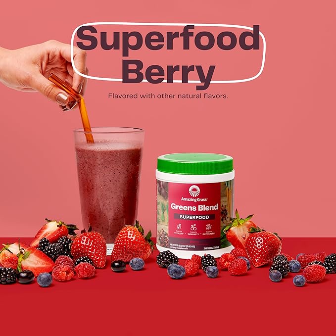 Amazing Grass Greens Superfood Powder: Greens Powder with Digestive Enzymes & Probiotics, Organic Spirulina, Chlorella, and Beet Root Powder, Berry, 100 Servings