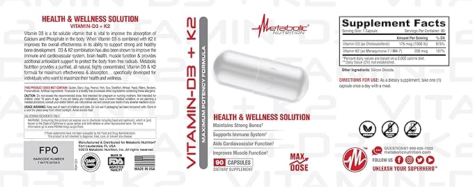 Metabolic Nutrition Vitamin D3 + K2, 90 Veggie 7000IU per