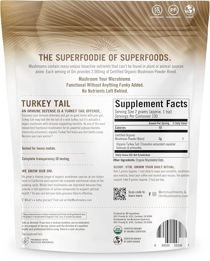 OM MUSHROOM SUPERFOOD Turkey Tail Organic Mushroom Powder Pouch, 7.05 Ounce, 100 Servings, Immune Support, Polysacchrides, Beta-Glucans, Gut Health & Holistic Defense Mushroom Supplement