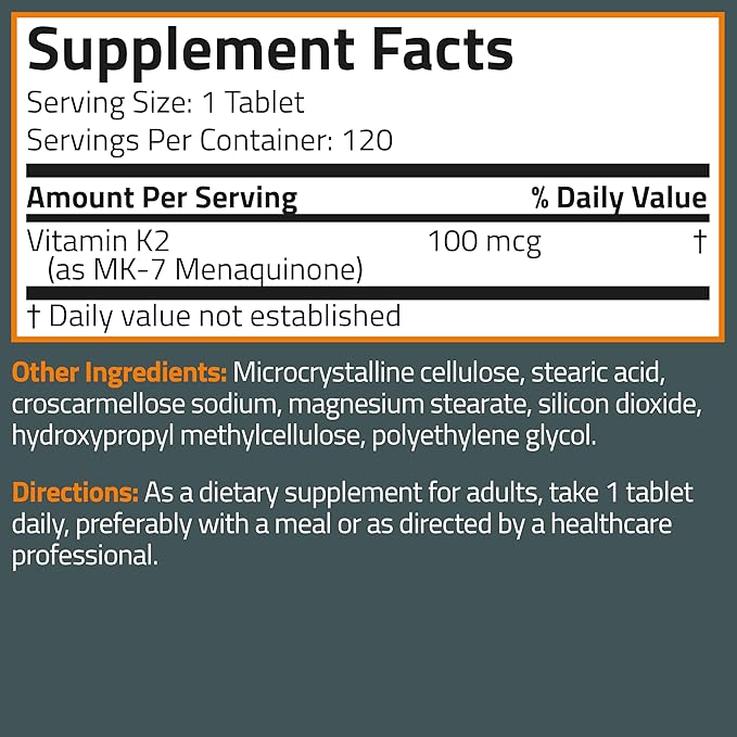 Bronson Vitamin K2 MK-7 100 MCG, K2 as MK7 Menaquinone, 120 Tablets