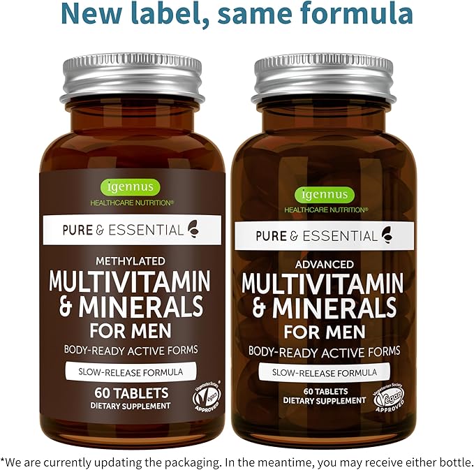 Igennus Methylated Men's Multivitamin, MTHFR Supplement with Active B-Vitamins, 21 Highly Bioavailable Nutrients, Multivitamin for Sustained Release, Clean Label, Non-GMO & Halal 60 Tablets