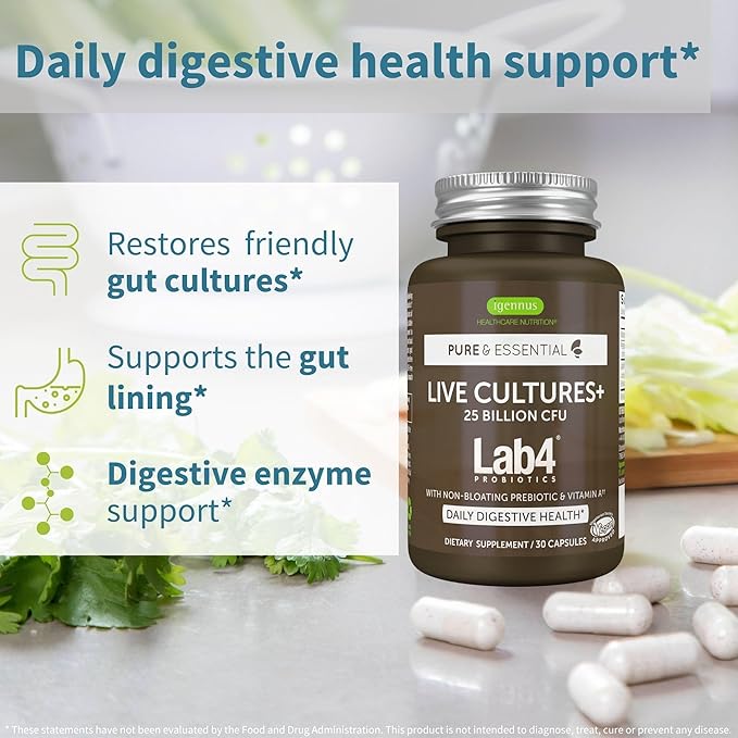 Igennus Probiotics & Prebiotic, Lactobacillus Acidophilus & Bifidobacterium, Live Cultures+ Lab4, Guaranteed 25 Billion CFU, for Women & Men, Non-Bloating Gut Health Support, Non-GMO, 6 x 30 Capsules