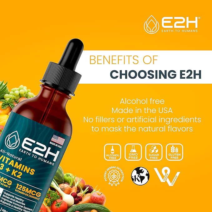 E2H Vitamins D3 & K2 Supplement for Immune Support - Liquid Vitamin D3 5000 IU - Made in The USA - Non-GMO, Vegan - 120 Servings
