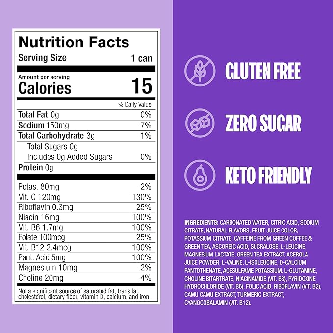 ZOA Zero Sugar Energy Drinks, Frosted Grape - Sugar Free with Electrolytes, Healthy Vitamin C, Amino Acids, Essential B-Vitamins, and Caffeine from Green Tea - 16 Fl Oz (12-Pack)