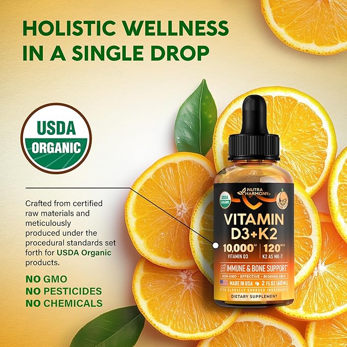Vitamin D3 K2 USDA Organic Drops - Vitamin D3 10000 IU & K2 as MK-7 120mcg - Immune & Mood Support, Bone & Teeth Health - Sugar-Free Orange Flavor - Liquid Supplement - Made in USA - 2 FL OZ, 60 Days