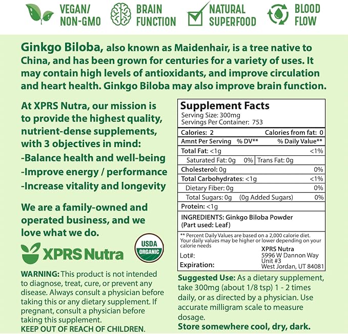 XPRS Nutra Organic Ginkgo Biloba Powder (8 oz)
