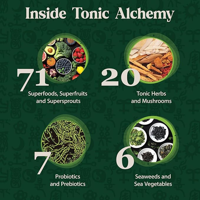 Dragon Herbs Tonic Alchemy Superfood Greens Powder - Single Serve Packet - 91 Ingredients: Tonic Herbs, Ashwagandha, Mushrooms, Prebiotics, Probiotics, Super Greens, Seaweeds, Fruits, Spirulina
