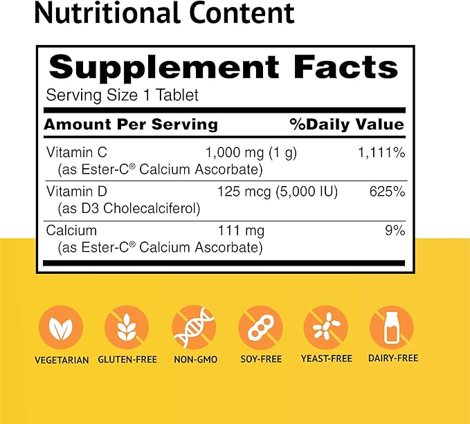 American Health EsterC with D3 Bone 24Hour Immune 1000 mg 5000 IU D3 NonAcidic 60 Count