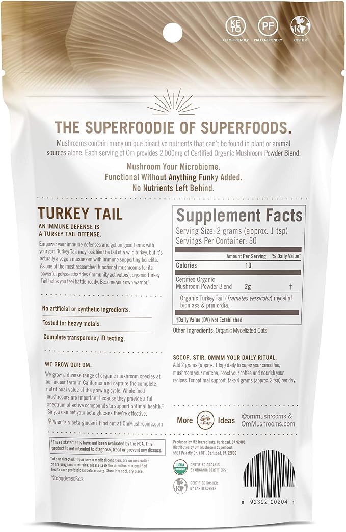OM MUSHROOM SUPERFOOD Turkey Tail Organic Mushroom Powder, 3.5 Ounce, 50 Servings, Immune Support, Polysacchrides, Beta-Glucans, Gut Health & Holistic Defense Mushroom Supplement