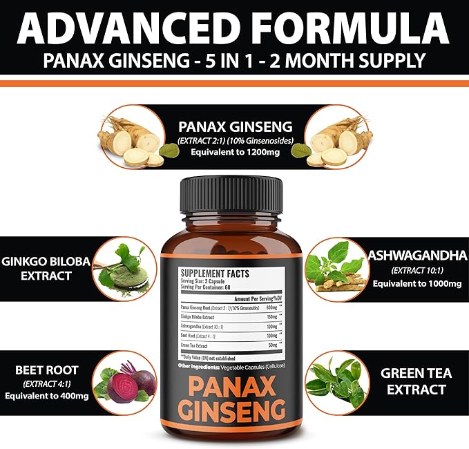 Zolotus Korean Red Panax Ginseng + Ginkgo Biloba, Ashwagandha, Beetroot, Green Tea - Support Strength, Stamina, Energy Production & Mood Balance - 120 Capsules