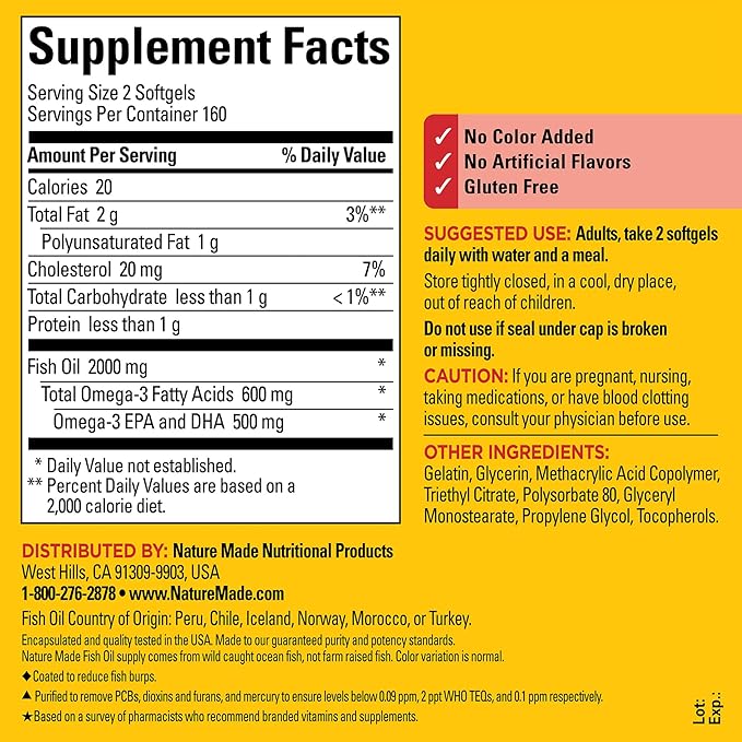 Nature Made Burp Less Fish Oil 1000 mg 3 Fish 3 Supplement 320 Softgels, 160 Day
