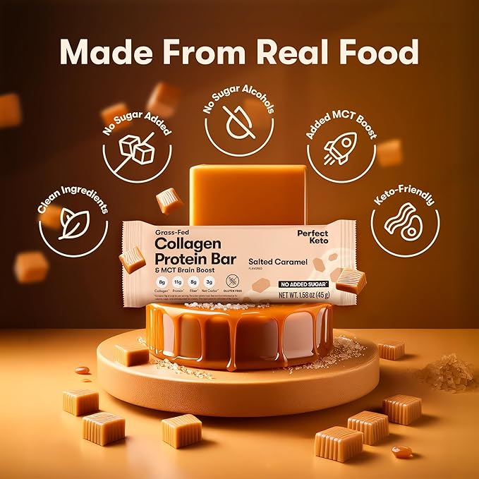 Perfect Keto Collagen Protein Bar, Gluten Free with Grass Fed Collagen + MCT Oil, Low Carb, No Sugar Added, High Protein Snacks, Keto Diet Foods, 10g Protein, 19g Fat, 2g Net Carbs, Salted Caramel, 12 Bars