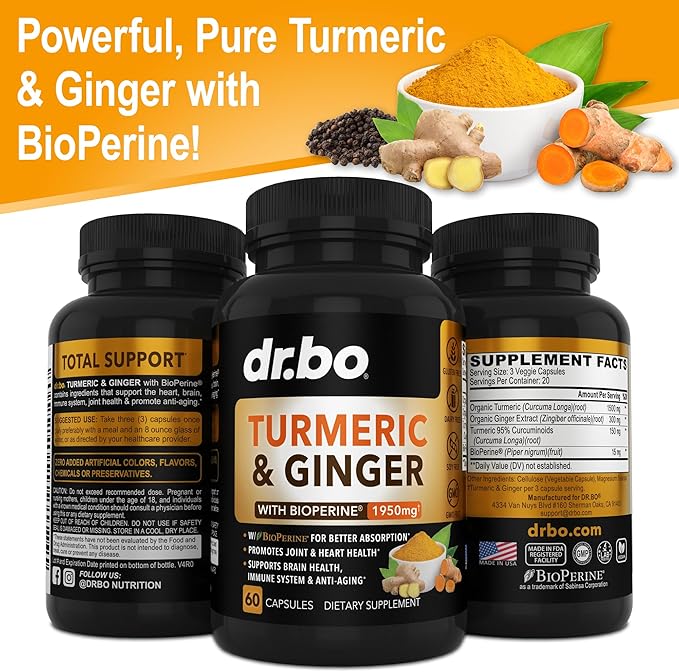 Turmeric Curcumin with BioPerine & Ginger Supplement 1950mg Organic 60 Capsules