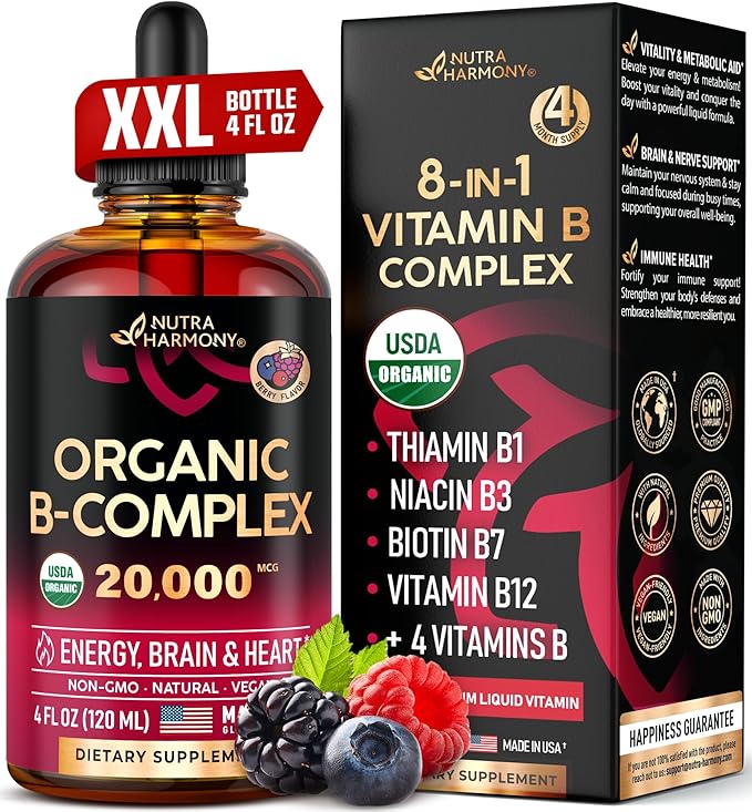USDA Organic Vitamin B-Complex B5 Pantothenic Acid B12 Methylcobalamin B1 Thiamine B6 Pyridoxine B7 Biotin B9 Folic B3 Niacinamide 4fl oz