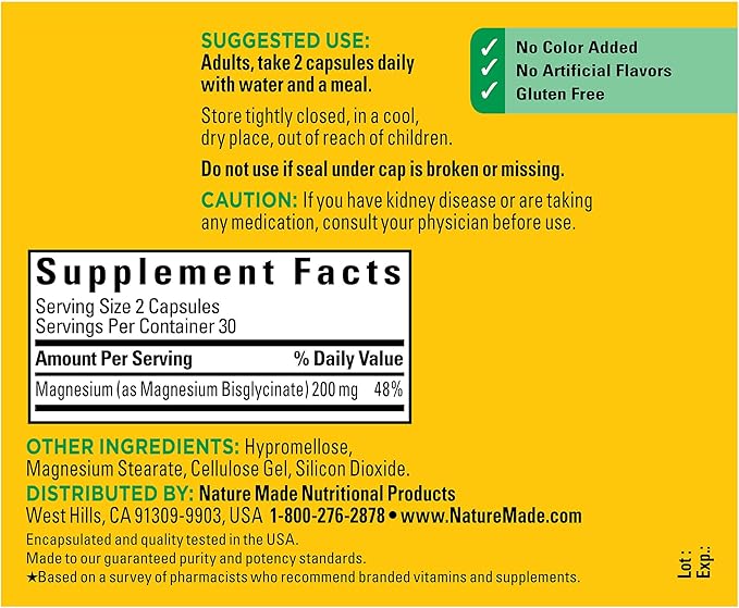 Nature Made Magnesium Glycinate 200 mg per Serving, Magnesium Supplement for Muscle, Heart, Nerve and Bone Support, 60 Magnesium Bisglycinate Capsules, 30 Day Supply