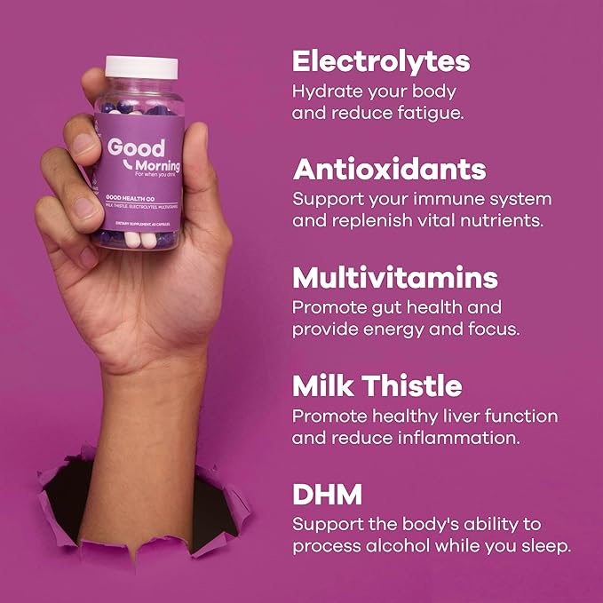 Good Morning - Drink Tonight, Thrive Tomorrow | Clinically Tested Post-Drinking Relief, Liver Support and Hydration Recovery with Electrolytes, Milk Thistle + DHM. Cheers!