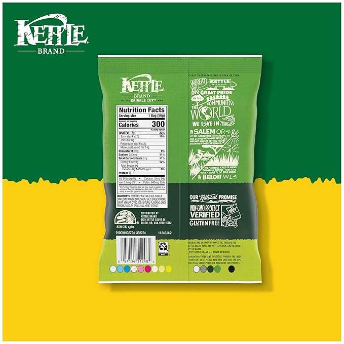 Kettle Brand Potato Chips, Krinkle Cut, Dill Pickle Kettle Chips, Snack Bag 2 Oz