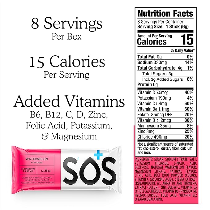 SOS Hydration Electrolyte Powder Drink Mix Packets | Daily Hydration & Energy | Added Essential Vitamins | Low Sugar | 8 Servings (Watermelon)