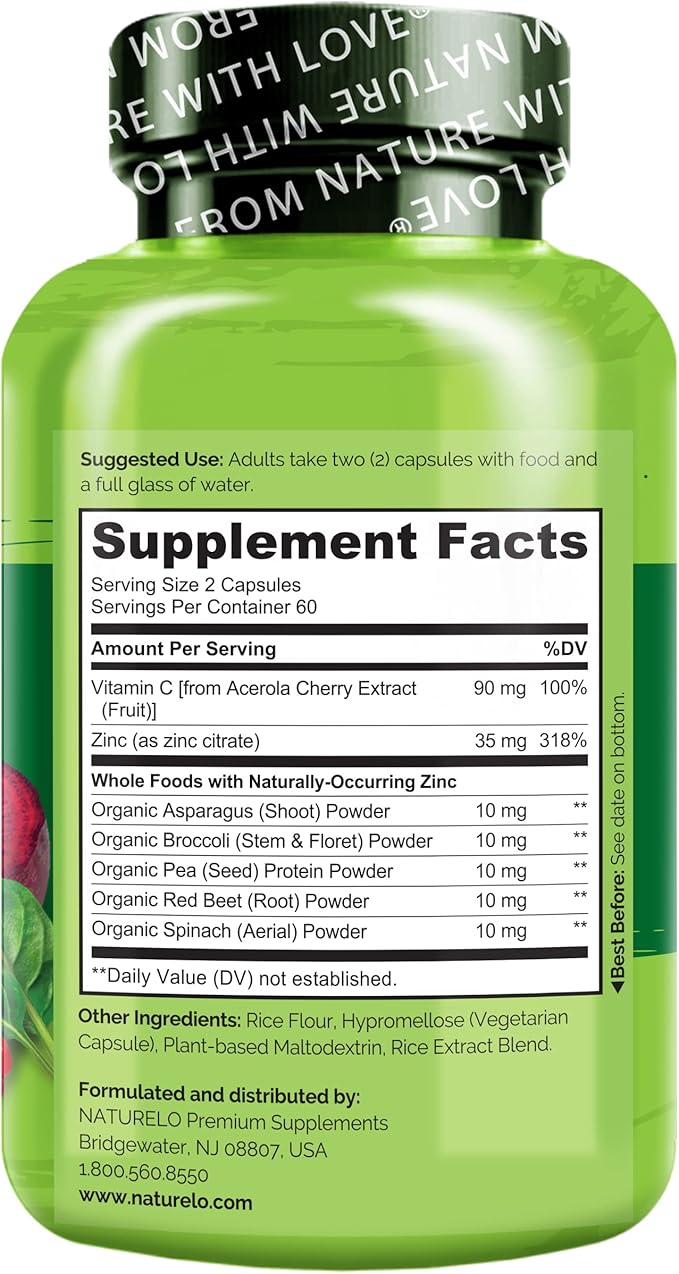 NATURELO Vegan Zinc Immune Support Capsules 120 Capsules (2 Pack)