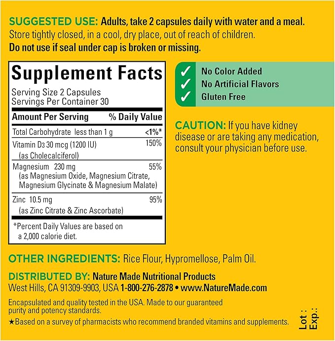 Nature Made Magnesium Complex with Vitamin D3 & 60 Capsules, 30 Day