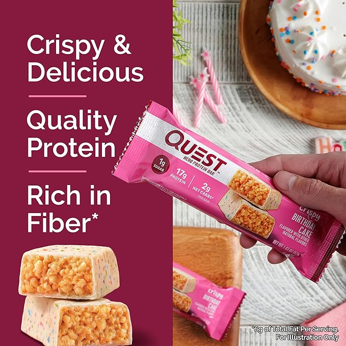 Quest Nutrition Crispy Birthday Cake Hero Protein Bar, 17g Protein, 1g Sugar, 2g Net Carbs, Gluten Free Protein Snack, Keto Friendly, 12 Count