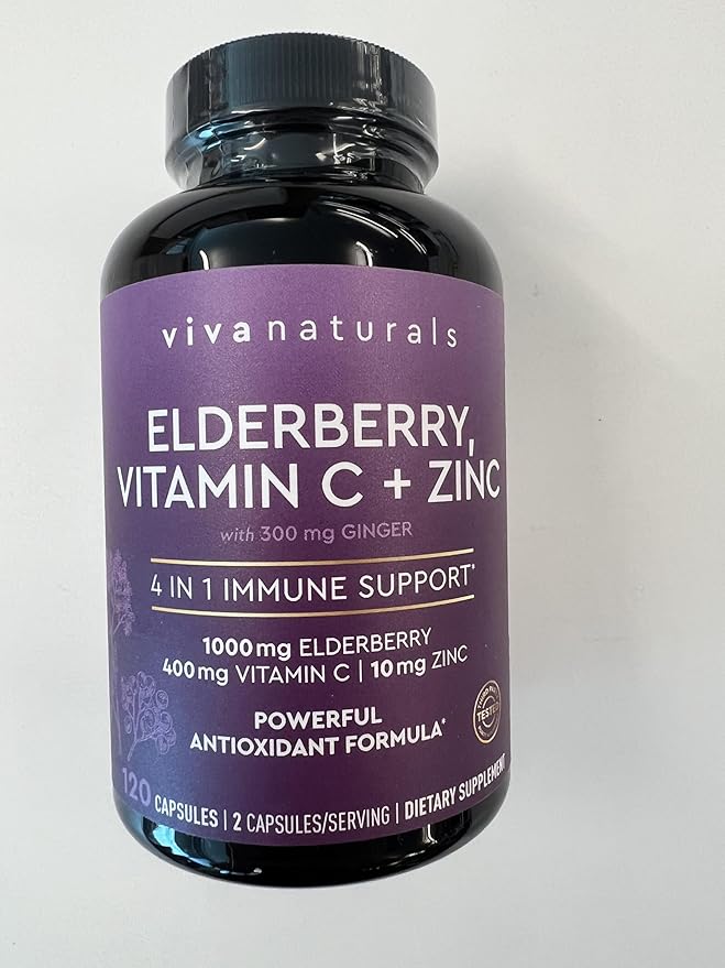 Viva Naturals Elderberry with Vitamin C and Zinc (120 Capsules) - 1000mg Sambucus Elderberry Immune Support Supplement, Black Elderberry Capsules for Adults, Elderberry Vitamins - 2 Months Supply