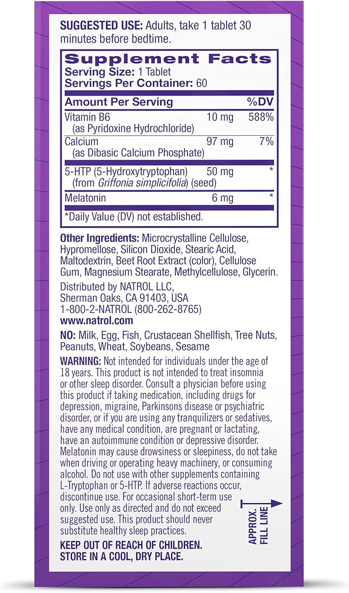 Natrol Advanced Sleep Melatonin + 5HTP, 6mg, Calming 60 Time-Release 60-Day Supply