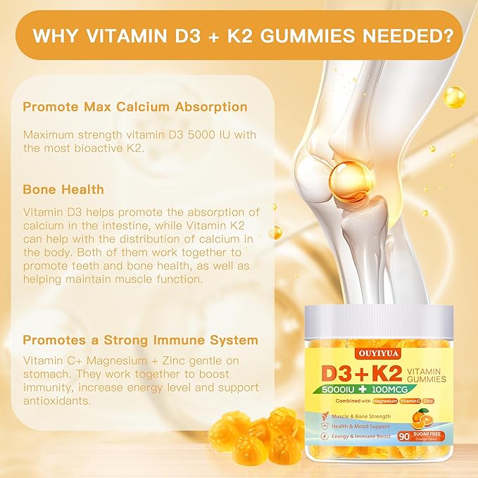 Vitamin D3 K2 Gummies, Vitamin D3 5000IU with K2 (MK-7) 100mcg Gummy for Women and Men, Sugar-Free D3 K2 Supplement with Magnesium, Vitamin C, Zinc Support Muscle, Bones & Immune