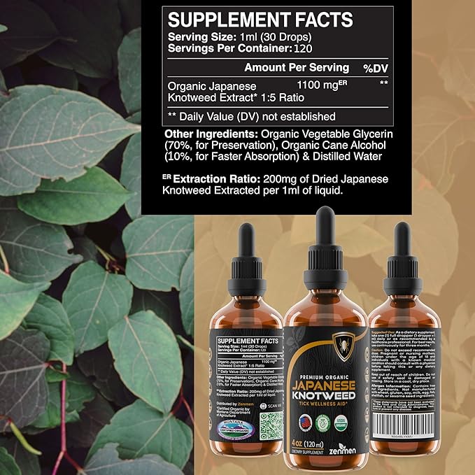 Japanese Knotweed Premium USDA Organic 3rd Party Tested Tincture 120ml/4oz - High Amounts of Resveratrol - Tick Wellness Aid and Immune Support Supplement - Made in The USA