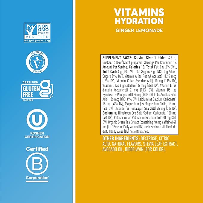 Nuun Hydration Vitamins Electrolyte Tablets + Caffeine, Ginger Lemonade, 5 Essential Electrolytes for Hydration + Vitamin A, B6, C, D, E, with Magnesium, Vegan, Non-GMO, 8 Tubes (96 Servings)