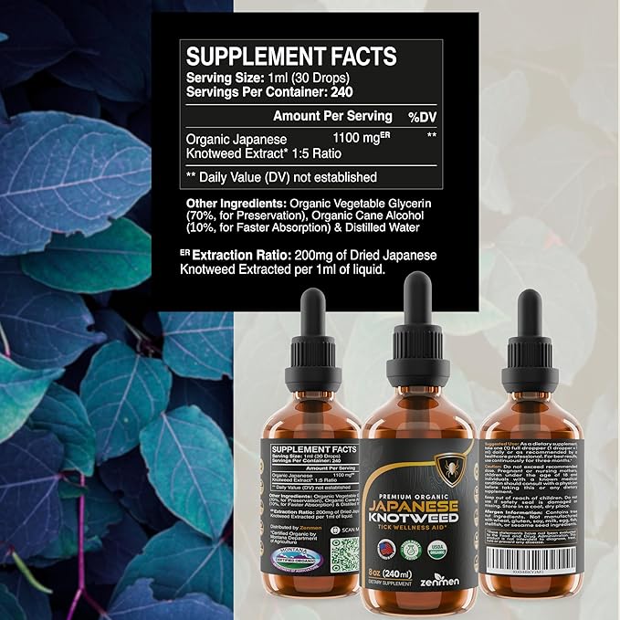 Japanese Knotweed Premium USDA Organic 3rd Party Tested Tincture 240ml/8oz - High Amounts of Resveratrol - Tick Wellness Aid and Immune Support Supplement - Made in The USA ASIN