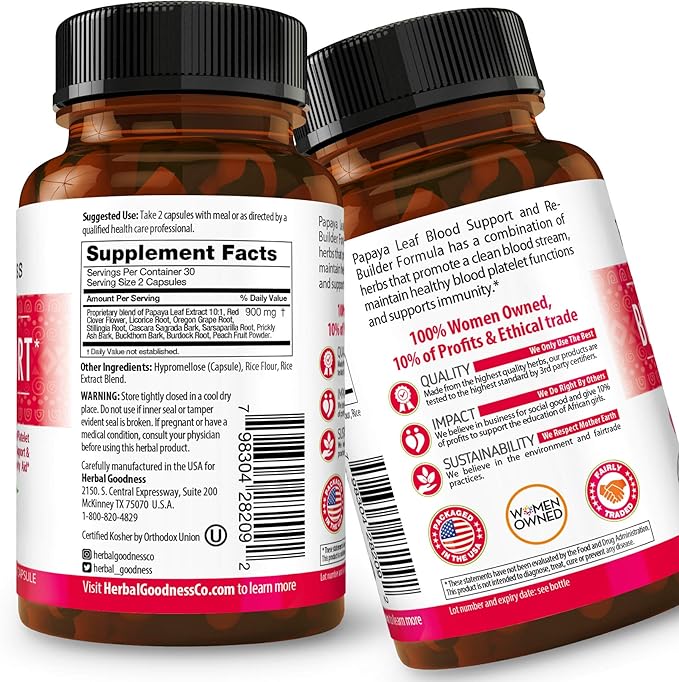 Papaya Leaf Blood Support Capsules 60/450mg Veggie (1 Bottle)