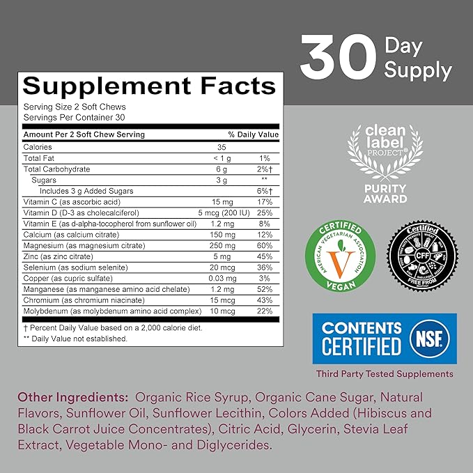 SmartyPants Kids Mineral Chews: Magnesium Citrate D3, Vitamin K2, Zinc 60 Count (30 Day