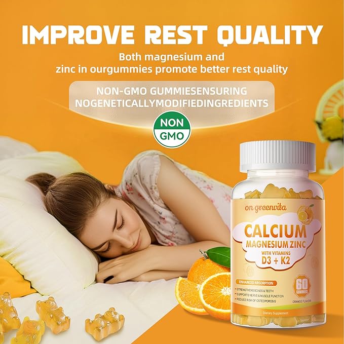 Calcium Magnesium Zinc Gummies with Vitamin D3 & K2 - High Potency Enhanced Absorption -120 Orange Gummies Flavored