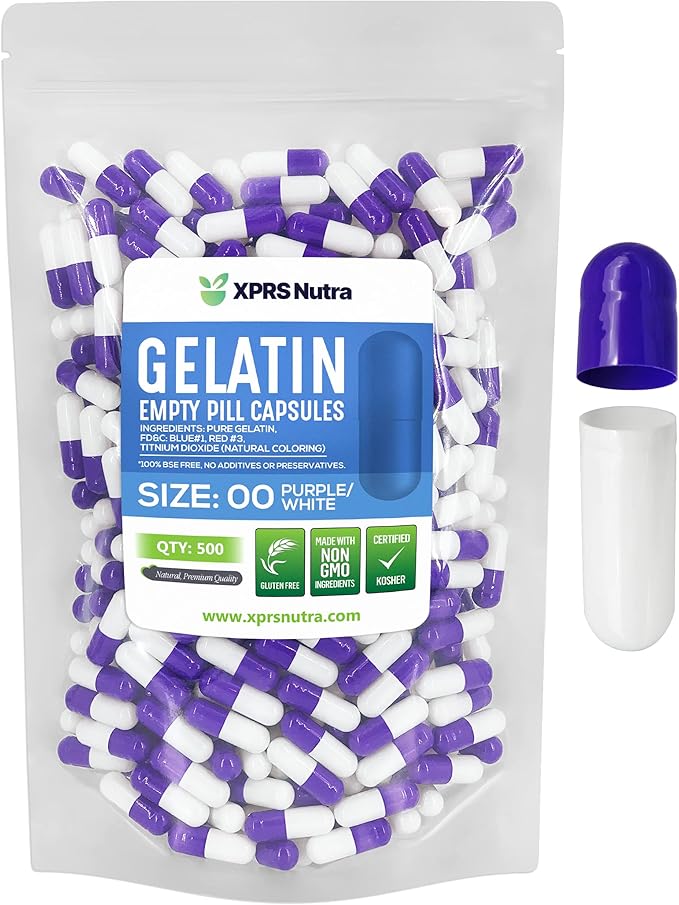 XPRS Nutra Size 00 Empty Capsules - 500 Count Empty Gelatin Capsules - Empty Pill Capsules - DIY Capsule Filling - Fillable Pill Capsules Empty Gel Caps (Purple/White)