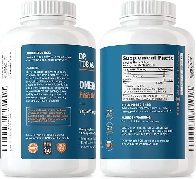 Dr. Tobias Omega 3 Fish Oil, 2000mg Triple 3 Supplement 800mg EPA 600mg DHA 3 Supplements 360 Softgels, 180 Servings