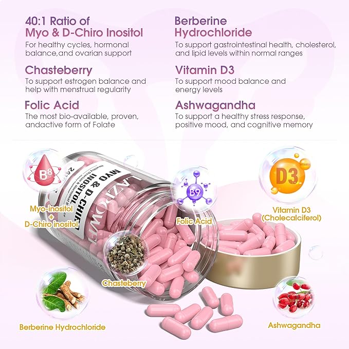 Inositol Supplement - Myo-Inositol and D-Chiro Inositol Plus Chasteberry,Berberine & Ashwagandha - Ideal 40:1 Ratio, Hormone Balance & Ovarian Support PCOS Supplements for Women-120 Capsules