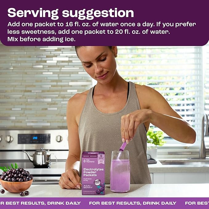 KEY NUTRIENTS Multivitamin Electrolytes Powder Packets - Delicious Acai Berry 40 Pack Hydration Packets - Travel Hydration Powder - No Sugar, No Calories, Gluten Free - Made in USA