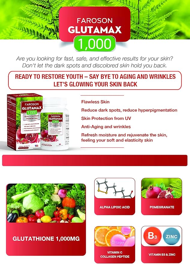 Glutamax|Whitening from Within|Glutathione 1000mg, Fern&Pomegranate Extract| 30 Tablets
